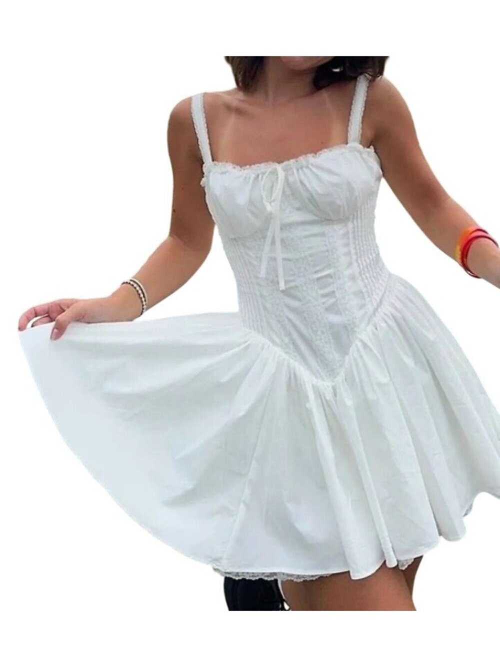 White Lace Up Corset Style Dress Adjustable Straps Lace Trim Size Small Commense